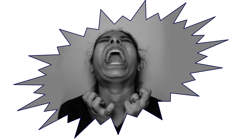 Image in a ragged frame of a woman screaming. Black and white.