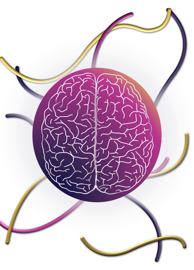 The site logo is in the middle: The outline of a brain over a circle with a gradient (purple in the bottom left corner, to pink, to yellow in the top right corner). Wavy lines in the same colours spread out from and around the image. 