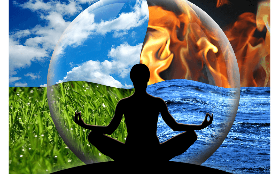 Silhouette of a meditating person inside a bubble. They are surrounded by images of the four elements: the sky, a fire, grass and the sea. It represents emotions and feelings in balance.