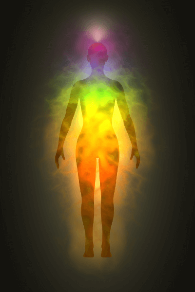 A body glowing with light in the colours of the rainbow. The background is black. 