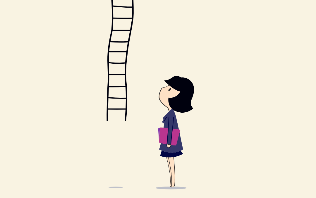 Woman looking up at a ladder that dangles from the ceiling.