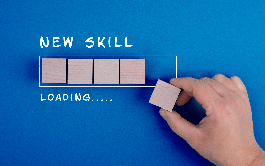 A loading bar is drawn onto a blue background. The title is New Skill. A person fills that bar by adding tiny squares to it, symbolising that a skill is learned through effort and bit by bit.