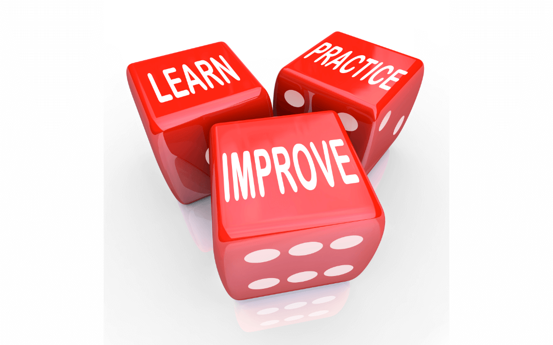 Three red dice: Learn, practice, improve.