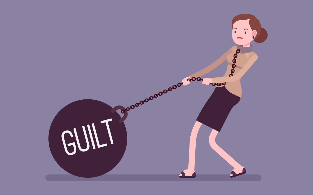 Woman pulling a chain with a metal ball with guilt on it. 