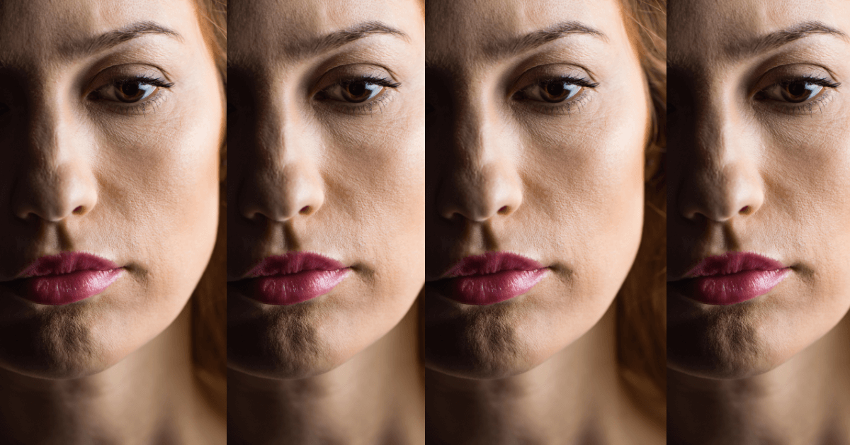 A sad woman's face repeated four times.
