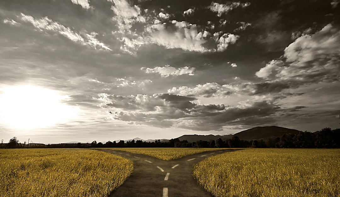 A road branches off into two different directions. One way leads to a sunny day, the other towards dark clouds. The image represents how important it is to choose our mood.