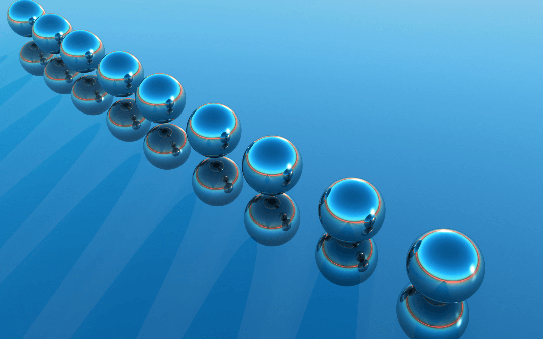 Blue glass marbles arranged in a row, representing repetitive thoughts. 