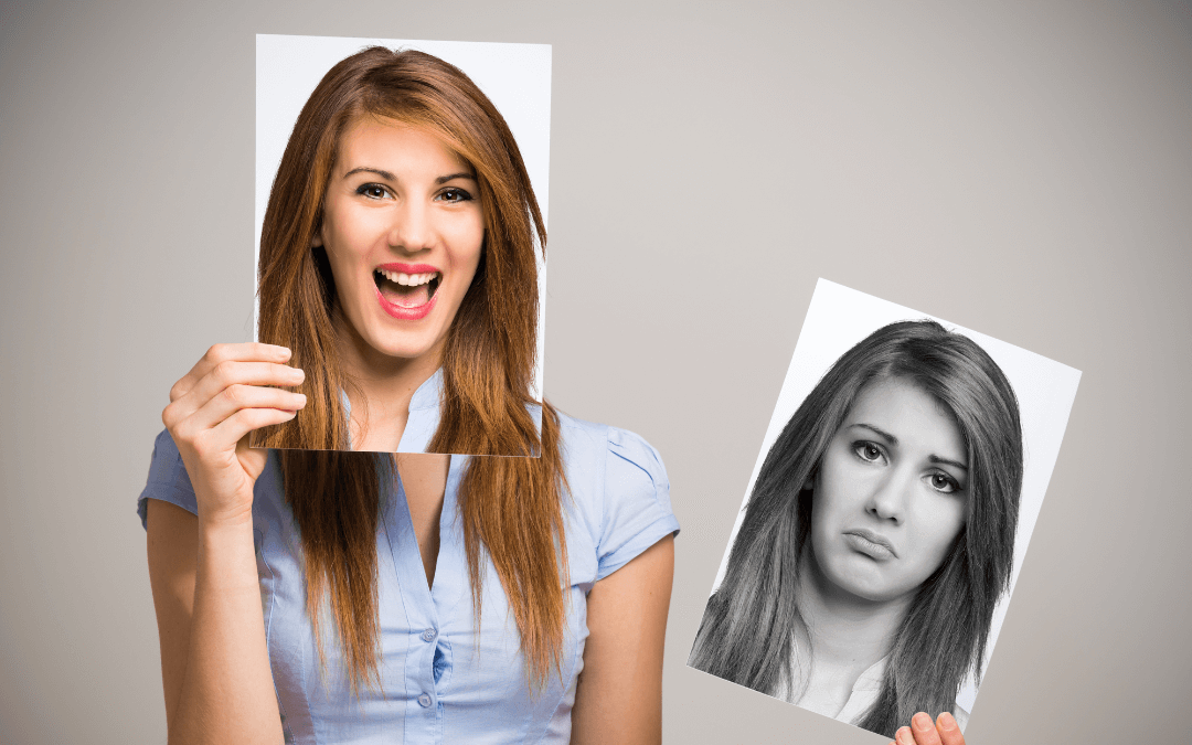 A woman replaces an image of her sad face with an image of her excited and happy face. 