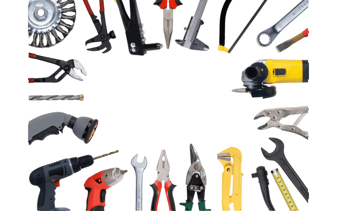 A wide variety of tools arranged in a circle.